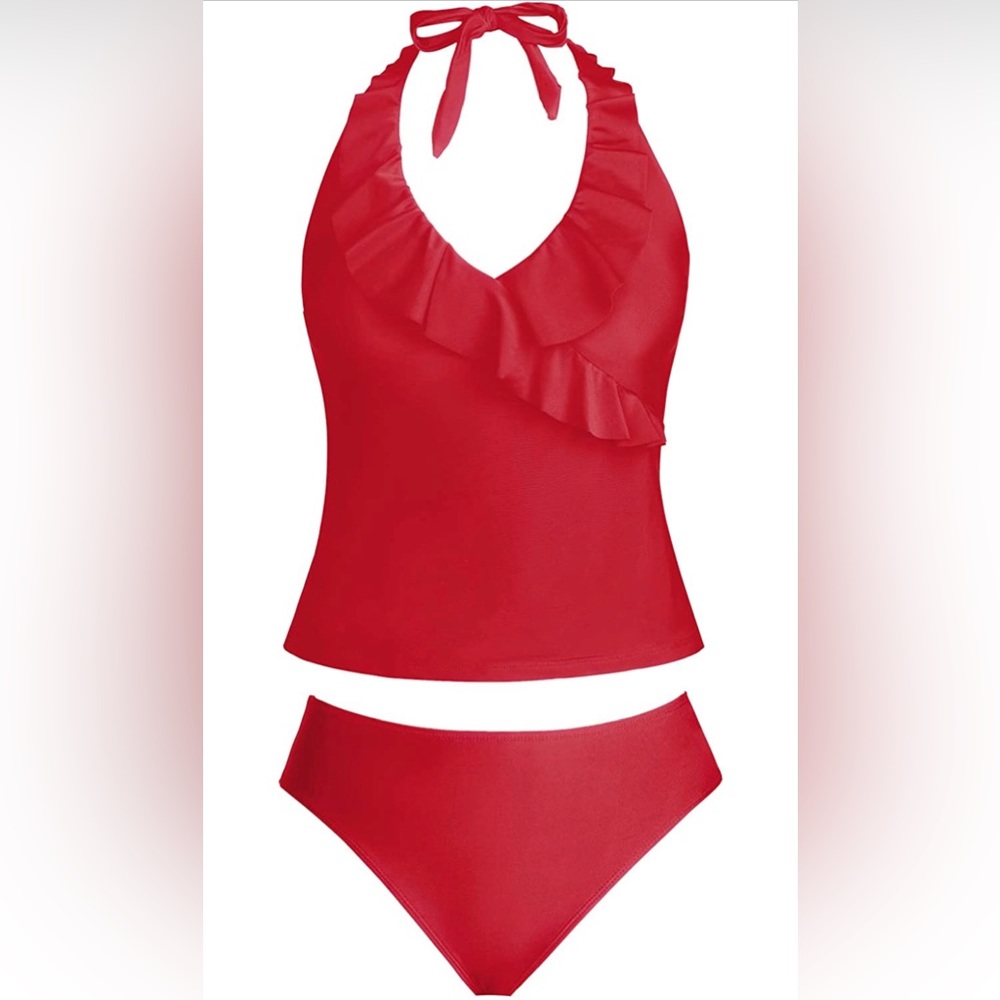 Ruffle Halter Tankini Set Tummy Control Bikini Mid Rise Hipster Bottom
